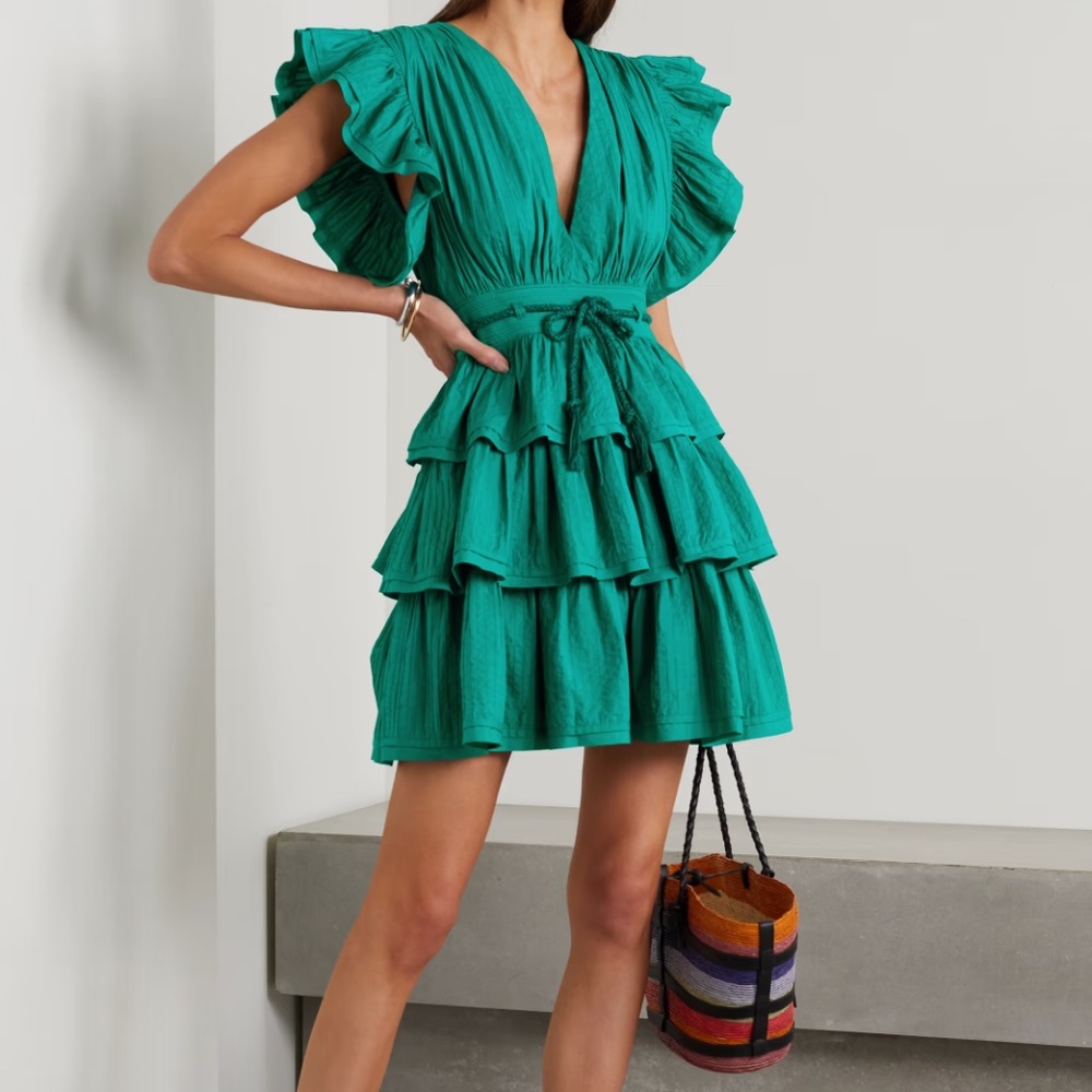 ULLA JOHNSON Camilla Tiered Ruffle Cotton Mini Dress Verdigris Jade Green 8 NWT